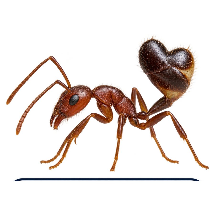 An acrobat ant in profile: a small reddish ant with a distinctly heart-shaped dark abdomen raised above its thorax.