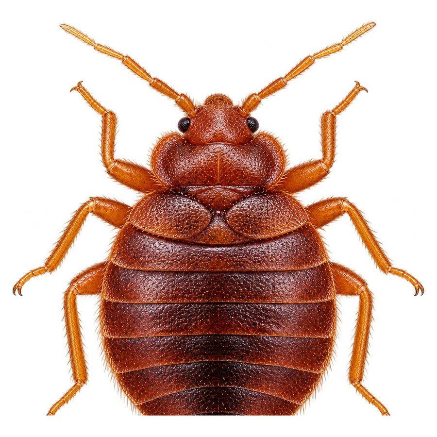 A bed bug from above: a flat, oval, reddish-brown insect about the size of an apple seed, with six legs and short antennae.