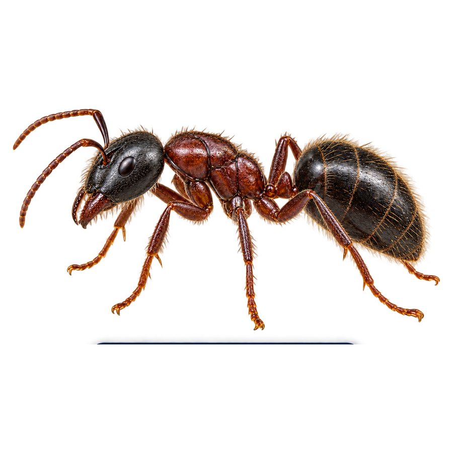 A carpenter ant in profile: a large black ant with a reddish thorax, a single waist node and an evenly rounded thorax.