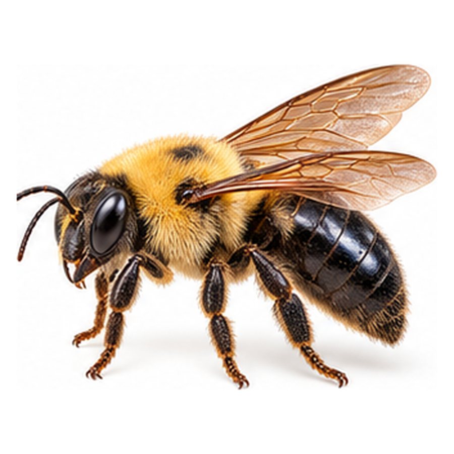 A carpenter bee in profile: a large bee with a fuzzy yellow thorax and a shiny, hairless black abdomen.