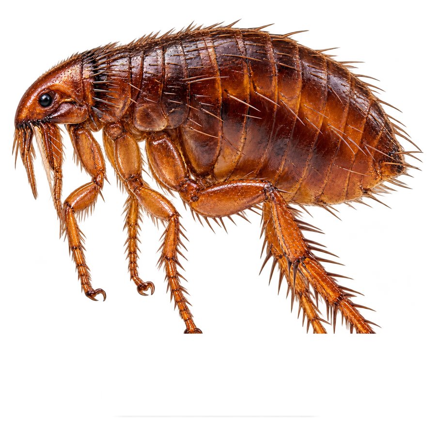 A cat flea in profile: a small dark reddish-brown insect flattened side to side, with spines and large hind legs.