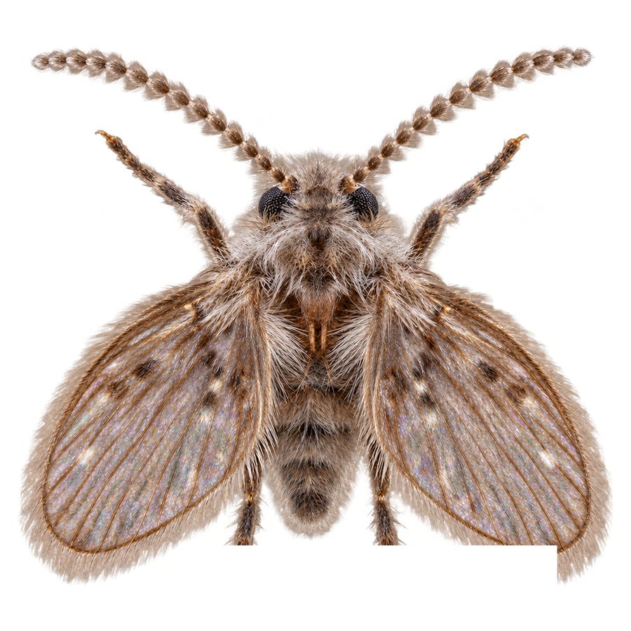 A drain fly viewed from above: a tiny, densely furry grey-brown fly with broad rounded hairy wings held over its body and long beaded antennae.