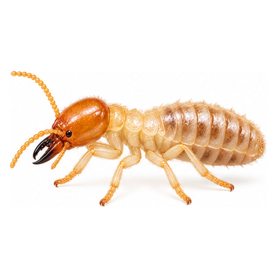 A drywood termite soldier in profile: a pale, soft-bodied insect with an enlarged orange-brown head and prominent dark curved jaws.