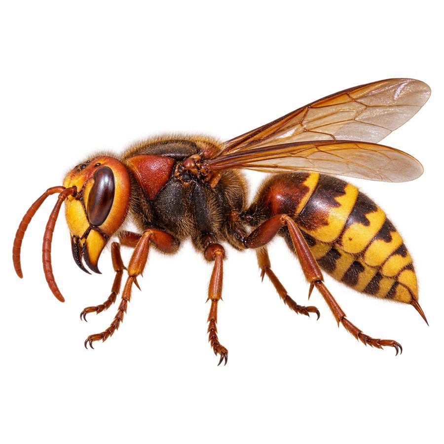 A European hornet in profile: a large wasp with a reddish-brown thorax, a yellow face and a yellow abdomen marked with dark brown.