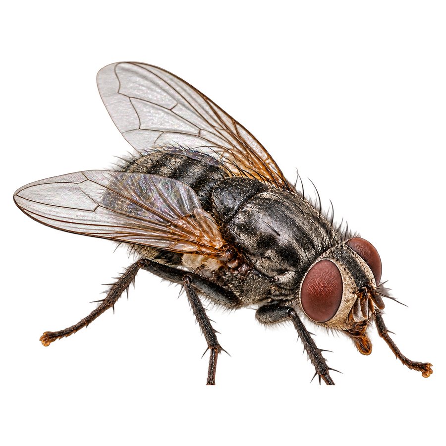A house fly in profile: a grey bristly fly with large red compound eyes and translucent veined wings.