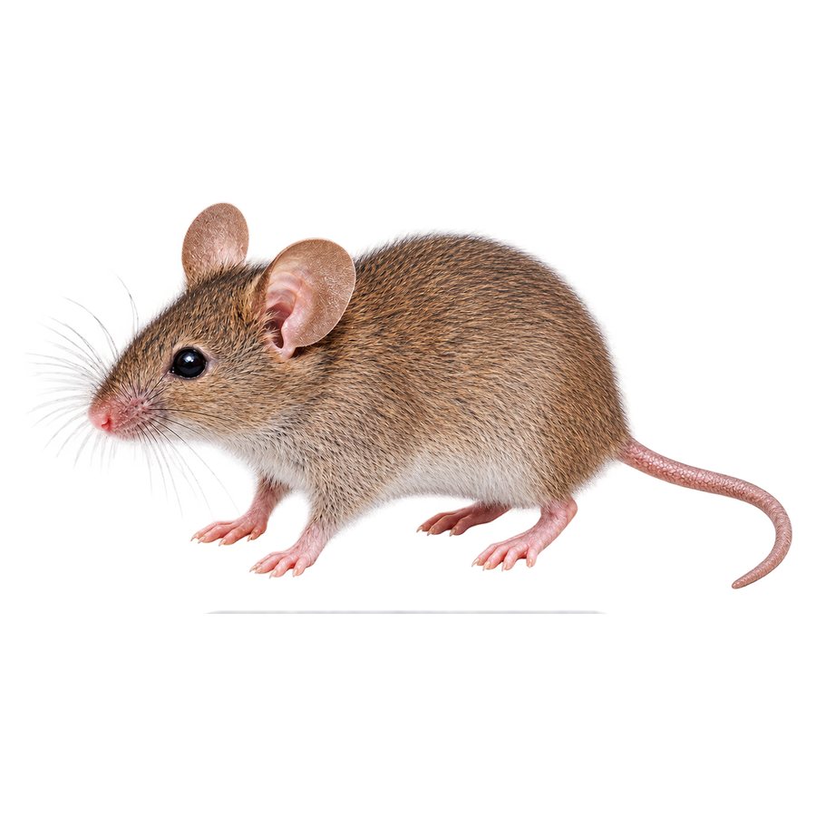 A house mouse in profile: a small grey-brown rodent with large ears, prominent eyes and a pointed snout.