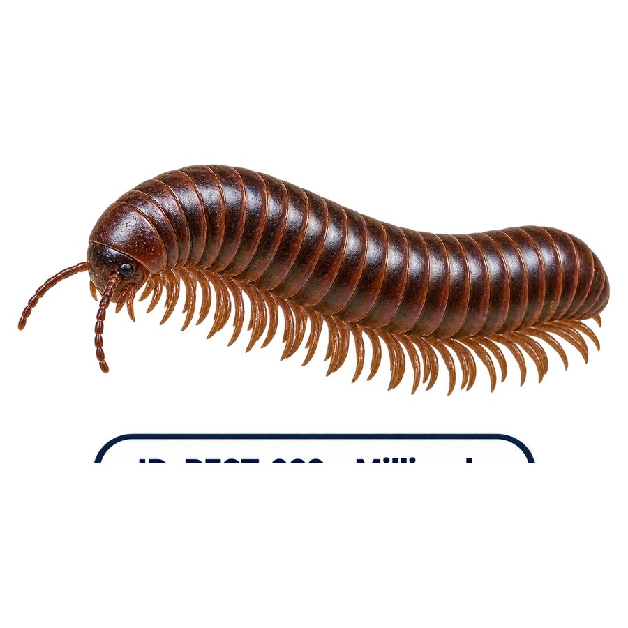 A millipede in profile: a dark brown arthropod with a rounded cylindrical body and two pairs of short legs on each segment.