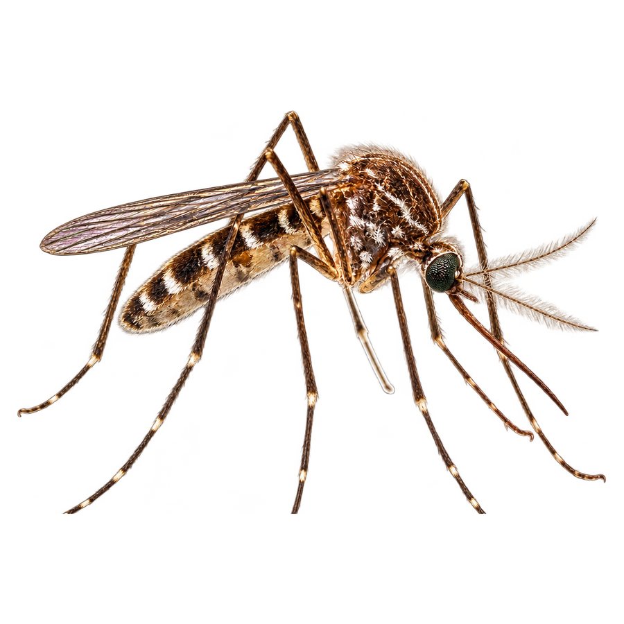 A mosquito in profile: a small grey-brown fly with long thin legs, narrow scaled wings and a long piercing mouthpart projecting from the head.