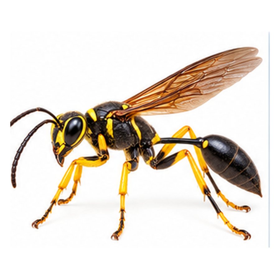A mud dauber wasp in profile: a slender black wasp with yellow markings and yellow legs, and a long thread-like waist.