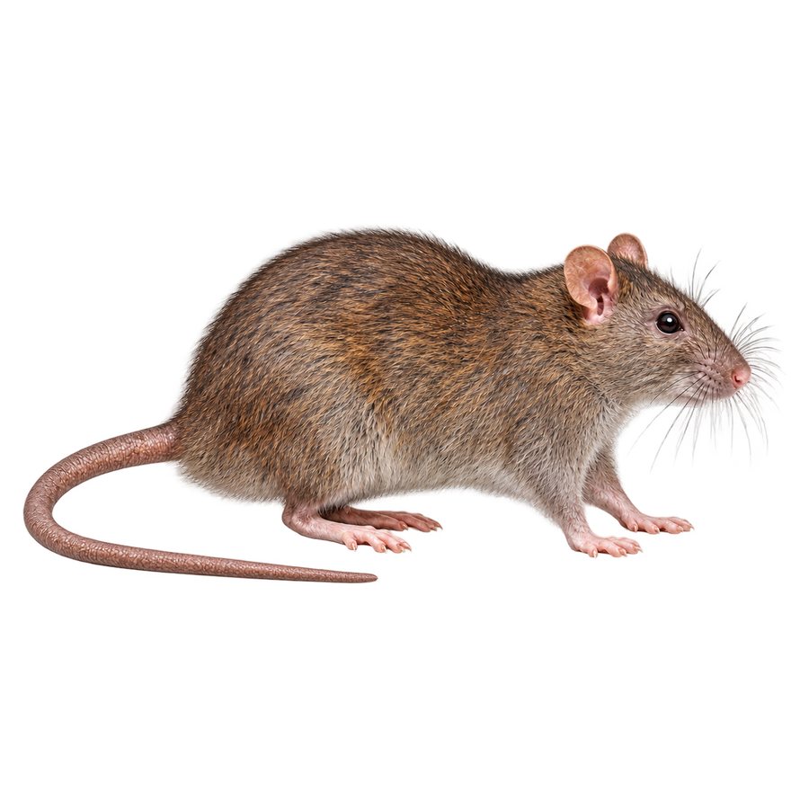 A Norway rat in profile: a heavy-bodied brown rat with coarse fur, small ears and a blunt nose.