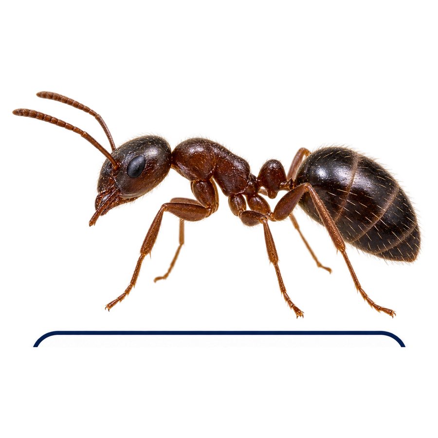 An odorous house ant in profile: a small dark brown ant with an uneven thorax and a darker abdomen.