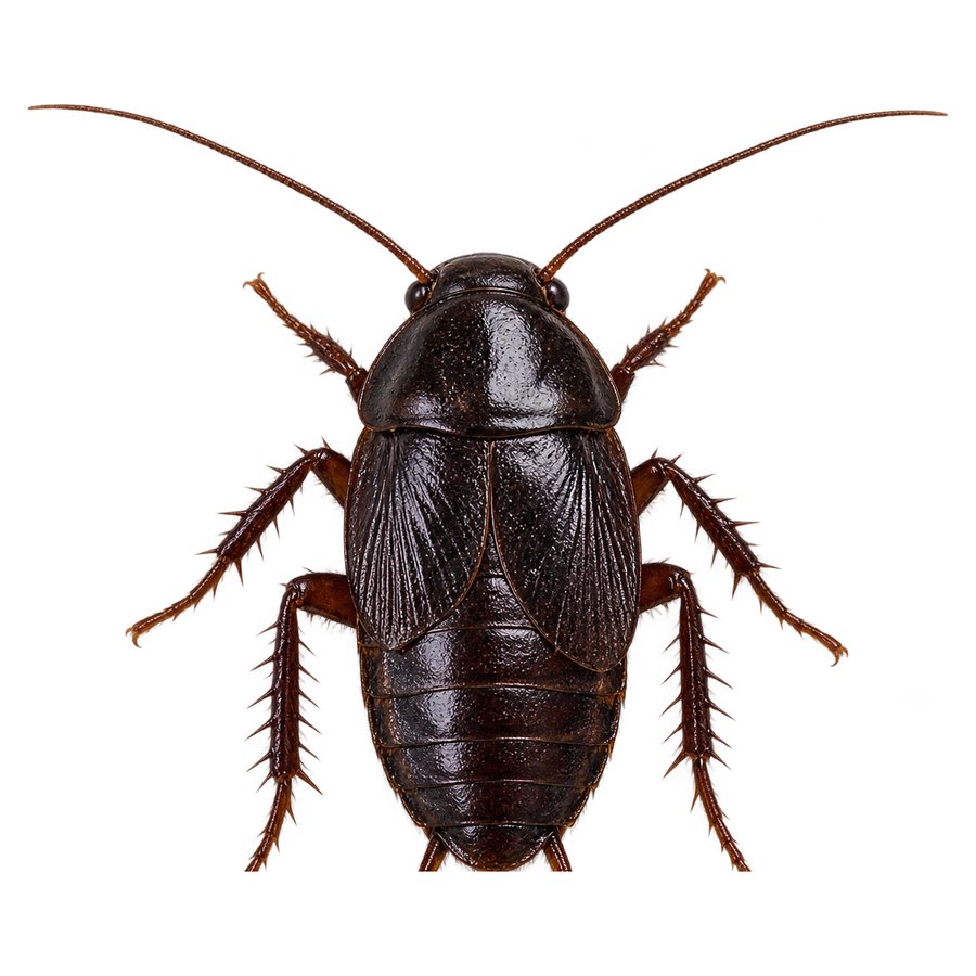An Oriental cockroach from above: a very dark, almost black, glossy roach with short wing covers and no markings.