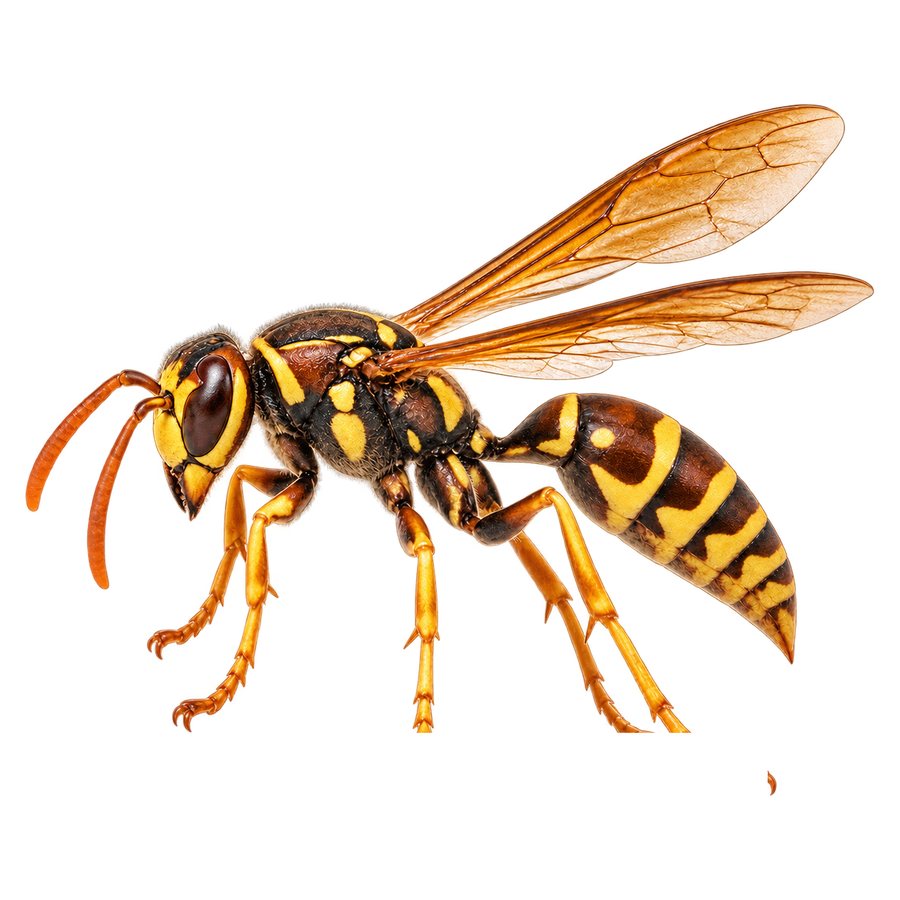 A paper wasp in profile: a slender yellow and black wasp with long legs and a narrow waist.