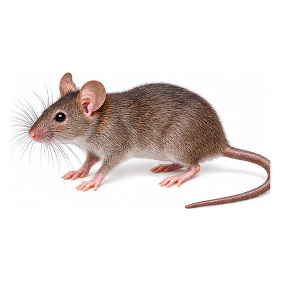 A roof rat in profile: a slender brown rat with large ears, a pointed nose and a long thin tail.