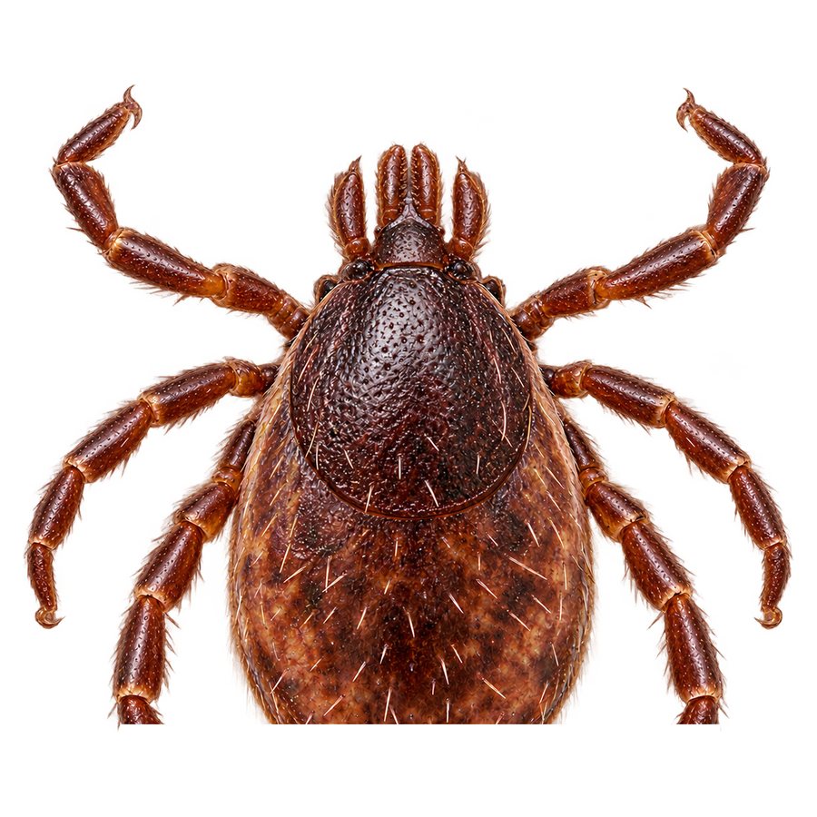 A tick viewed from above: a flat, teardrop-shaped brown arachnid with eight legs spread around a shield-like body and mouthparts projecting forward.