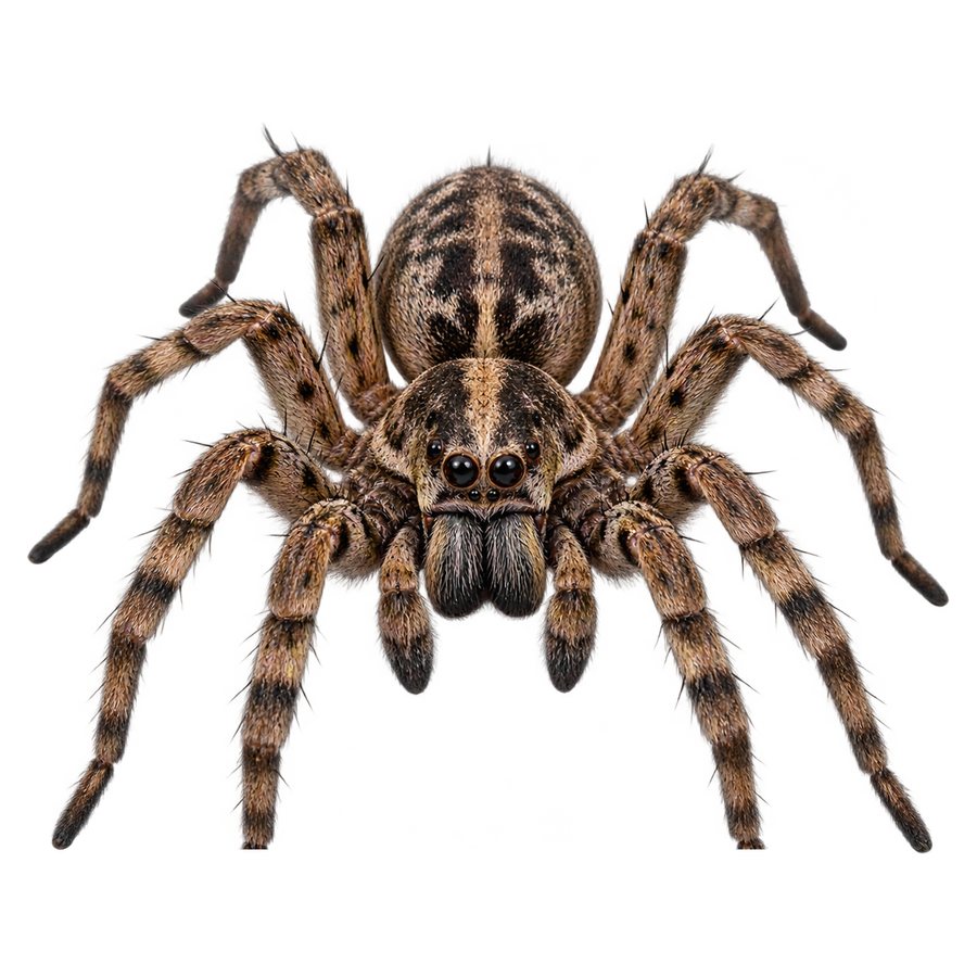A wolf spider seen head-on: a large hairy brown spider with patterned legs and two large forward-facing eyes above a row of smaller ones.